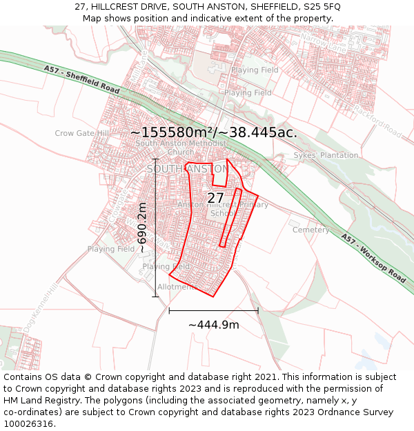 27, HILLCREST DRIVE, SOUTH ANSTON, SHEFFIELD, S25 5FQ: Plot and title map