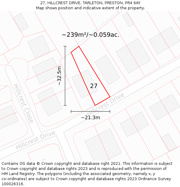 27, HILLCREST DRIVE, TARLETON, PRESTON, PR4 6AY: Plot and title map