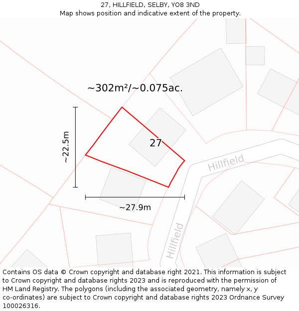 27, HILLFIELD, SELBY, YO8 3ND: Plot and title map