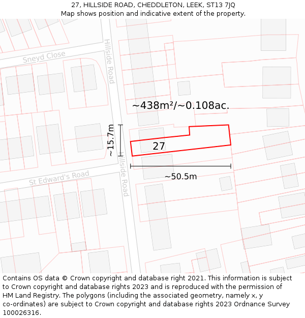 27, HILLSIDE ROAD, CHEDDLETON, LEEK, ST13 7JQ: Plot and title map