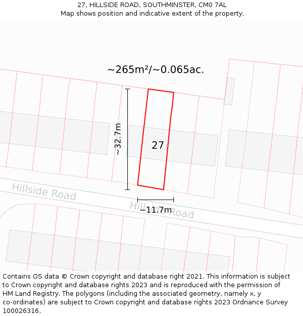 27, HILLSIDE ROAD, SOUTHMINSTER, CM0 7AL: Plot and title map