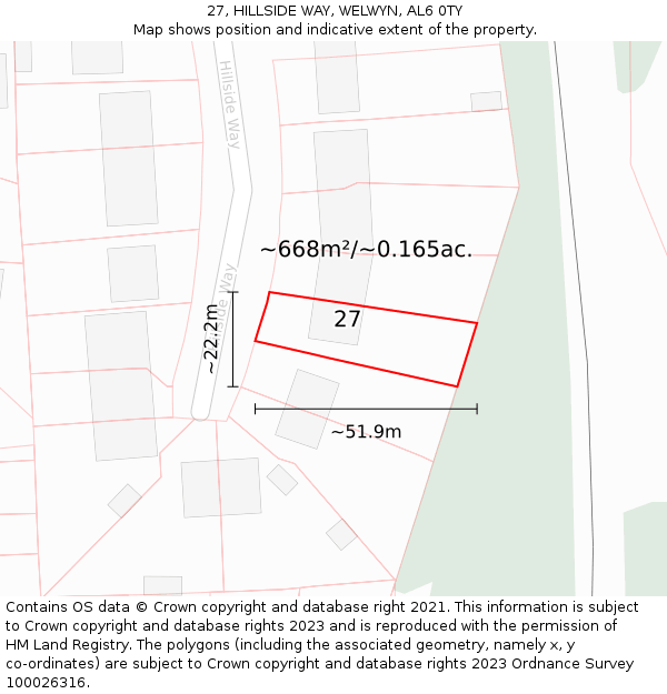 27, HILLSIDE WAY, WELWYN, AL6 0TY: Plot and title map