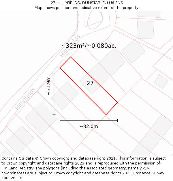 27, HILLYFIELDS, DUNSTABLE, LU6 3NS: Plot and title map