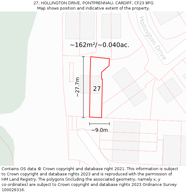 27, HOLLINGTON DRIVE, PONTPRENNAU, CARDIFF, CF23 8PG: Plot and title map