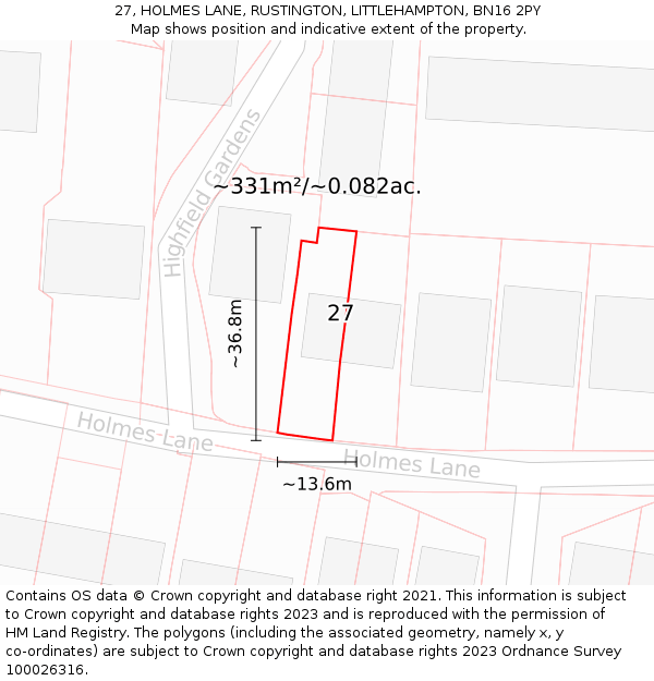 27, HOLMES LANE, RUSTINGTON, LITTLEHAMPTON, BN16 2PY: Plot and title map