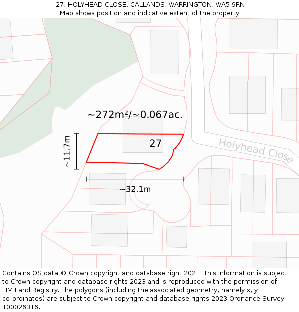 27, HOLYHEAD CLOSE, CALLANDS, WARRINGTON, WA5 9RN: Plot and title map