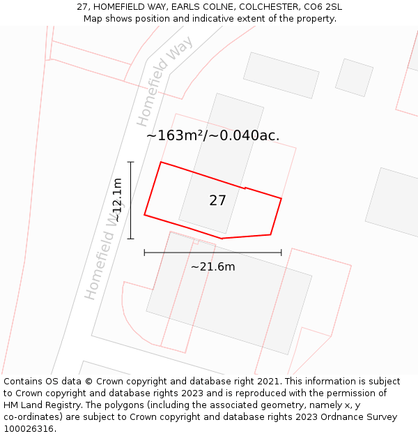 27, HOMEFIELD WAY, EARLS COLNE, COLCHESTER, CO6 2SL: Plot and title map