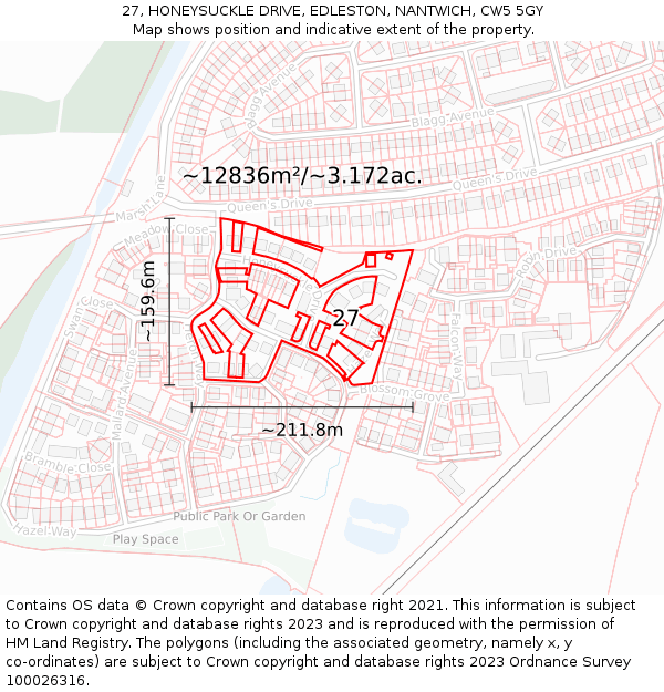 27, HONEYSUCKLE DRIVE, EDLESTON, NANTWICH, CW5 5GY: Plot and title map