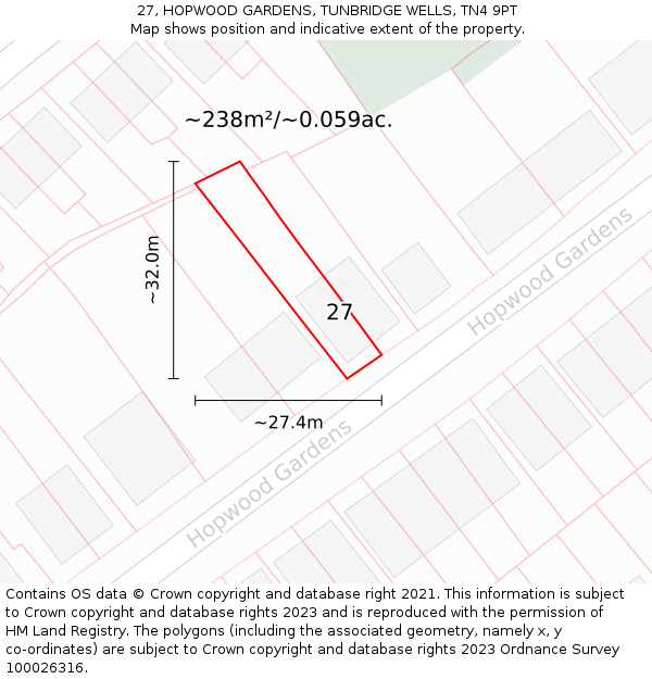 27, HOPWOOD GARDENS, TUNBRIDGE WELLS, TN4 9PT: Plot and title map