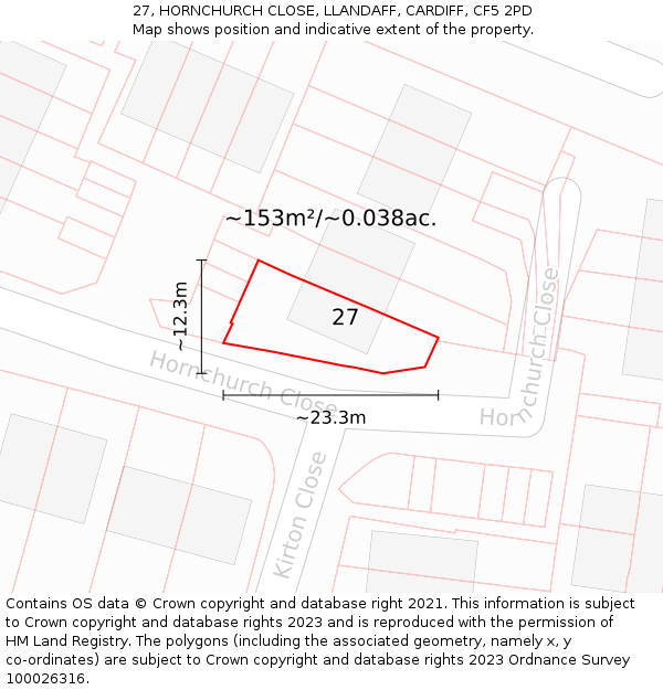 27, HORNCHURCH CLOSE, LLANDAFF, CARDIFF, CF5 2PD: Plot and title map
