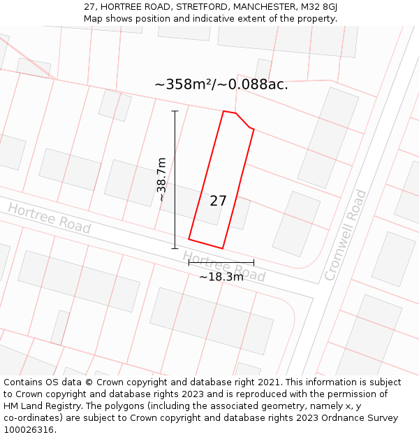 27, HORTREE ROAD, STRETFORD, MANCHESTER, M32 8GJ: Plot and title map