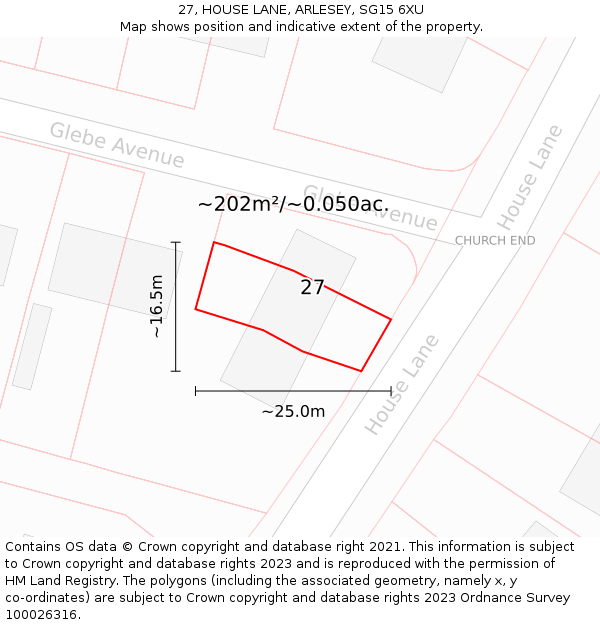 27, HOUSE LANE, ARLESEY, SG15 6XU: Plot and title map