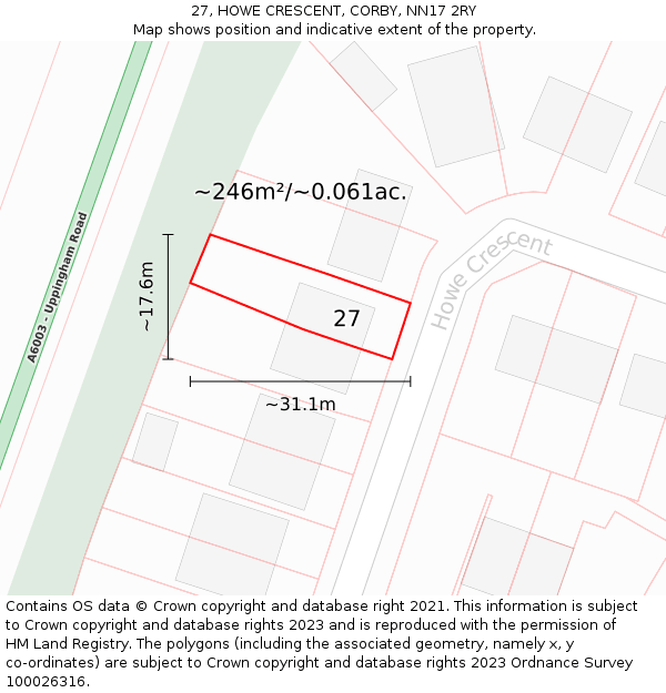 27, HOWE CRESCENT, CORBY, NN17 2RY: Plot and title map