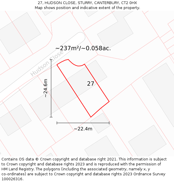 27, HUDSON CLOSE, STURRY, CANTERBURY, CT2 0HX: Plot and title map