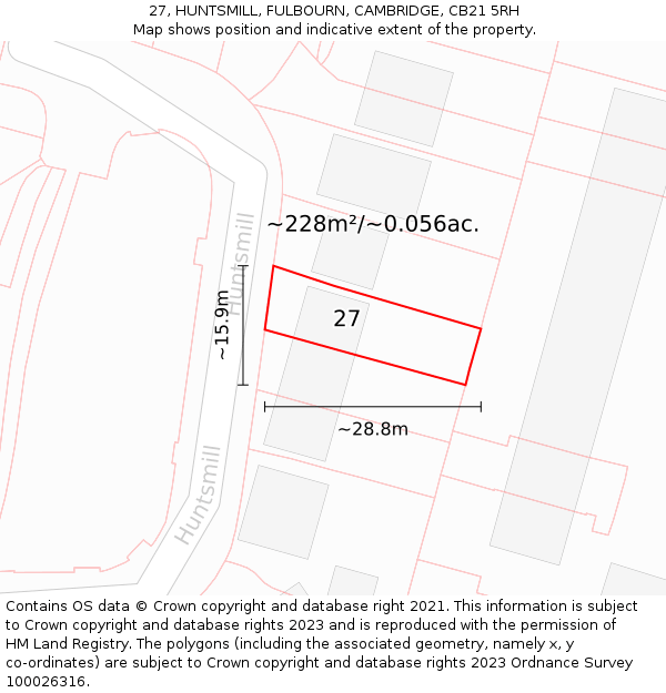 27, HUNTSMILL, FULBOURN, CAMBRIDGE, CB21 5RH: Plot and title map
