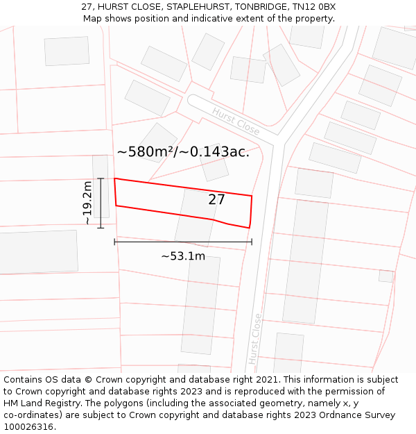 27, HURST CLOSE, STAPLEHURST, TONBRIDGE, TN12 0BX: Plot and title map