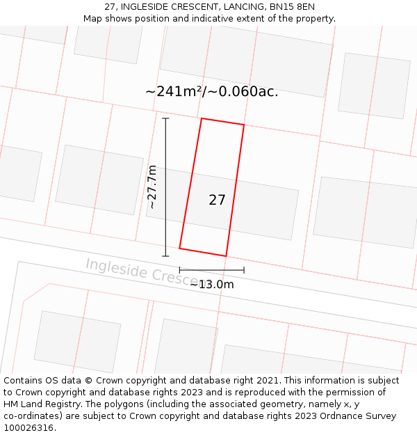 27, INGLESIDE CRESCENT, LANCING, BN15 8EN: Plot and title map
