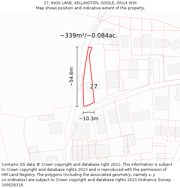 27, INGS LANE, KELLINGTON, GOOLE, DN14 0NS: Plot and title map