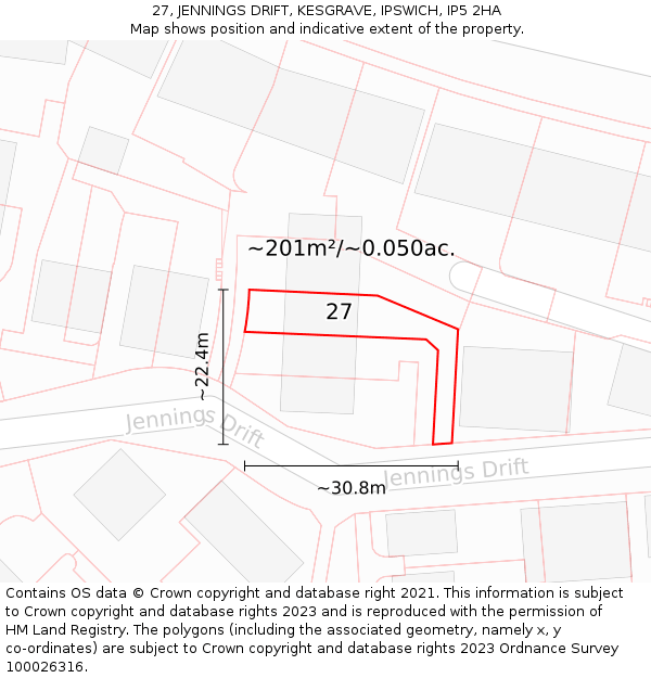27, JENNINGS DRIFT, KESGRAVE, IPSWICH, IP5 2HA: Plot and title map