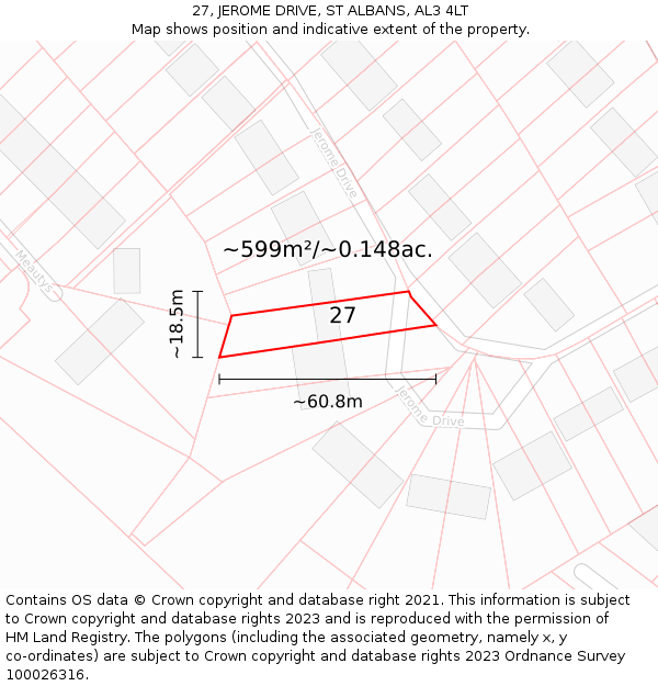 27, JEROME DRIVE, ST ALBANS, AL3 4LT: Plot and title map