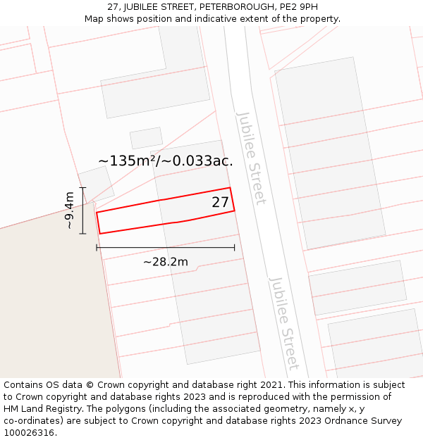 27, JUBILEE STREET, PETERBOROUGH, PE2 9PH: Plot and title map