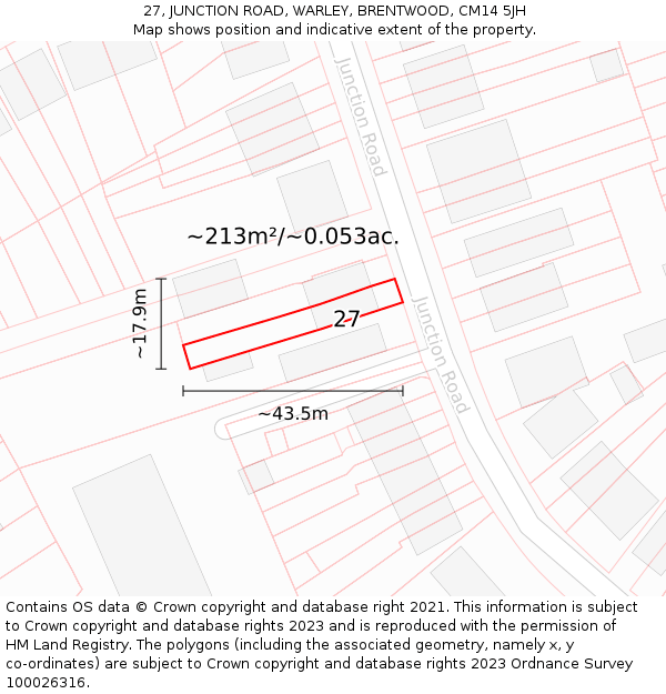 27, JUNCTION ROAD, WARLEY, BRENTWOOD, CM14 5JH: Plot and title map