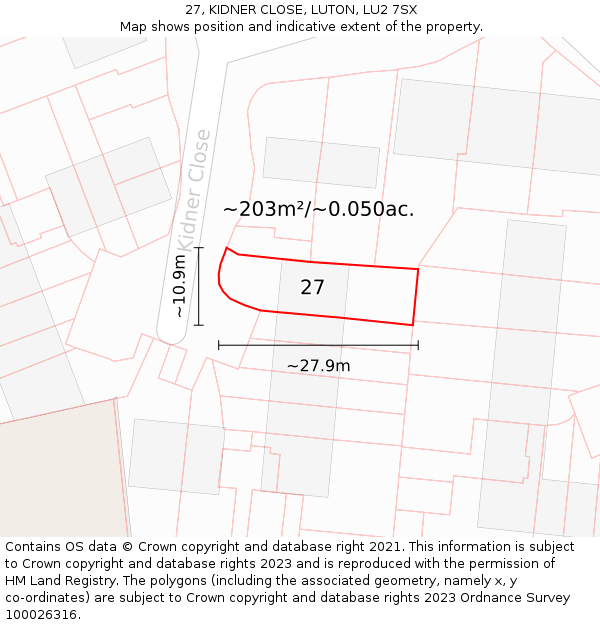 27, KIDNER CLOSE, LUTON, LU2 7SX: Plot and title map