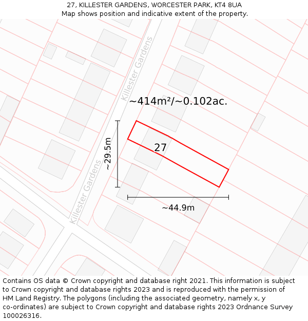27, KILLESTER GARDENS, WORCESTER PARK, KT4 8UA: Plot and title map