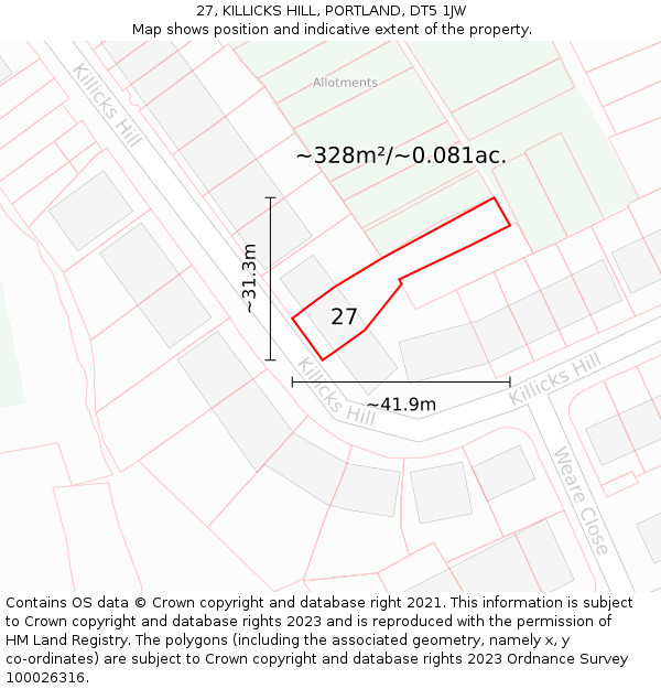 27, KILLICKS HILL, PORTLAND, DT5 1JW: Plot and title map