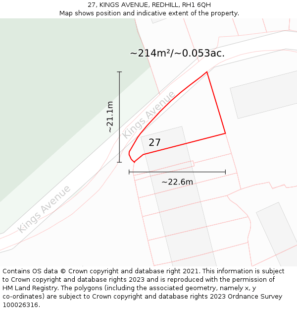 27, KINGS AVENUE, REDHILL, RH1 6QH: Plot and title map
