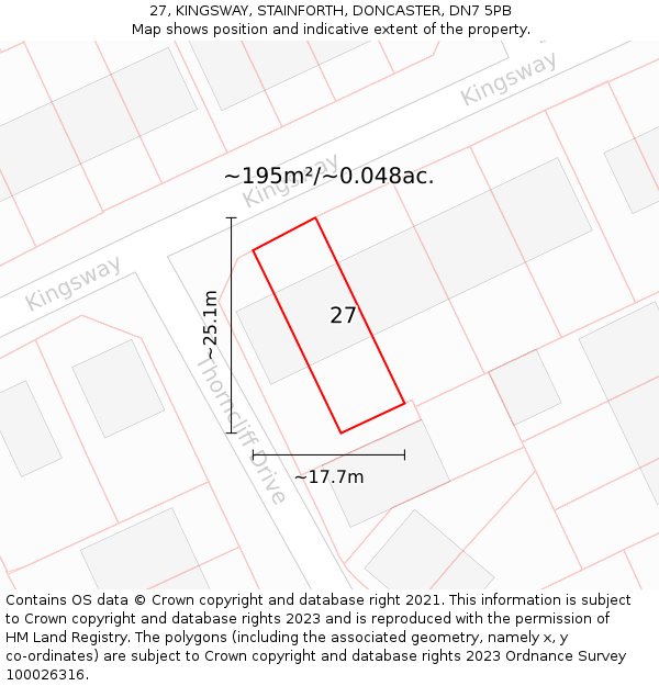 27, KINGSWAY, STAINFORTH, DONCASTER, DN7 5PB: Plot and title map