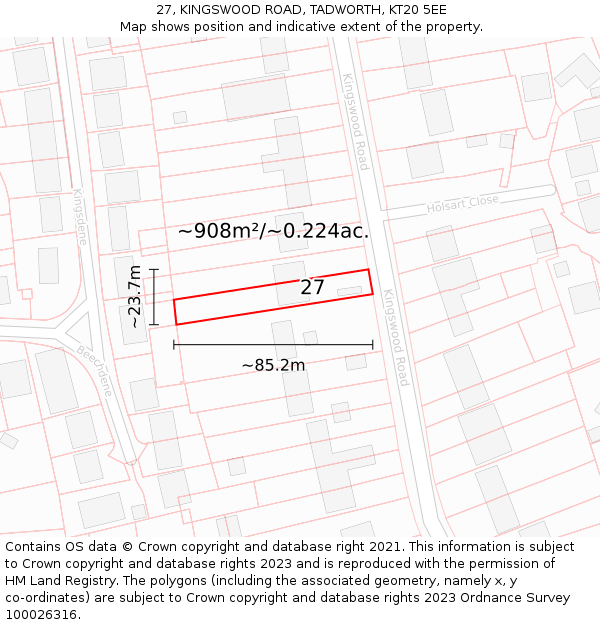 27, KINGSWOOD ROAD, TADWORTH, KT20 5EE: Plot and title map