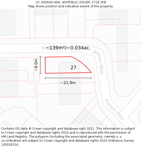 27, KINSON WAY, WHITFIELD, DOVER, CT16 2FB: Plot and title map