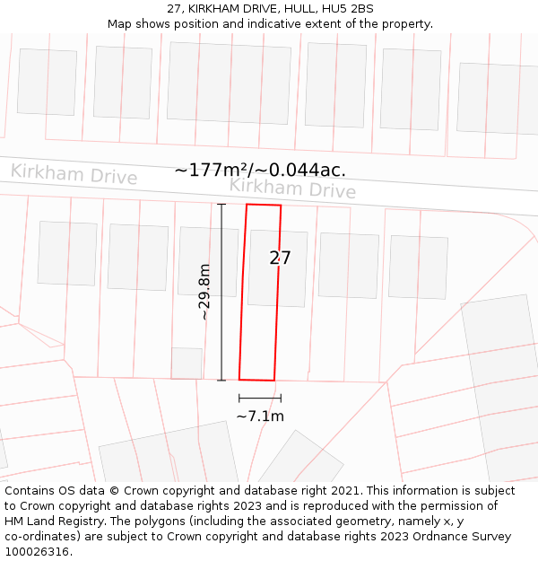 27, KIRKHAM DRIVE, HULL, HU5 2BS: Plot and title map
