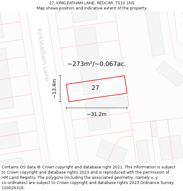 27, KIRKLEATHAM LANE, REDCAR, TS10 1NS: Plot and title map