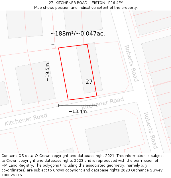 27, KITCHENER ROAD, LEISTON, IP16 4EY: Plot and title map