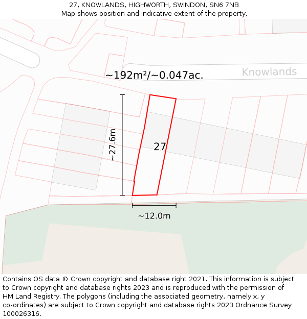 27, KNOWLANDS, HIGHWORTH, SWINDON, SN6 7NB: Plot and title map