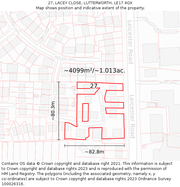 27, LACEY CLOSE, LUTTERWORTH, LE17 4GX: Plot and title map