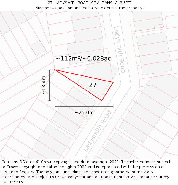 27, LADYSMITH ROAD, ST ALBANS, AL3 5PZ: Plot and title map