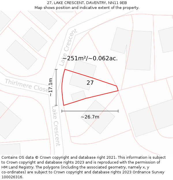 27, LAKE CRESCENT, DAVENTRY, NN11 9EB: Plot and title map