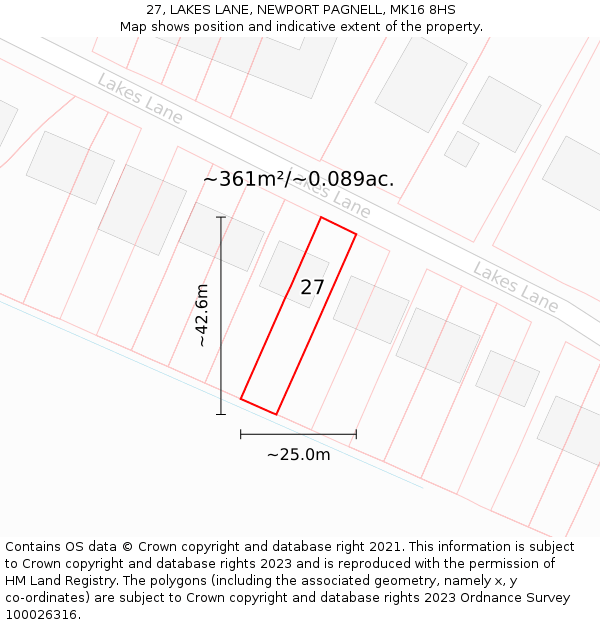 27, LAKES LANE, NEWPORT PAGNELL, MK16 8HS: Plot and title map