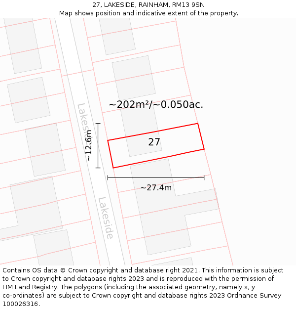 27, LAKESIDE, RAINHAM, RM13 9SN: Plot and title map