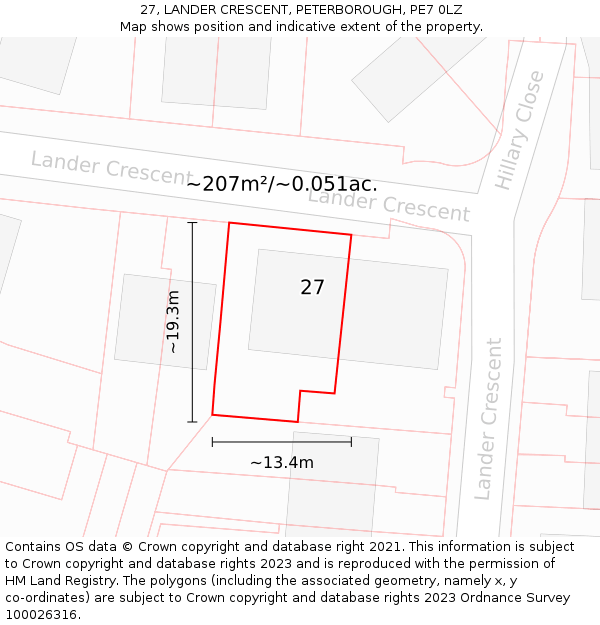 27, LANDER CRESCENT, PETERBOROUGH, PE7 0LZ: Plot and title map