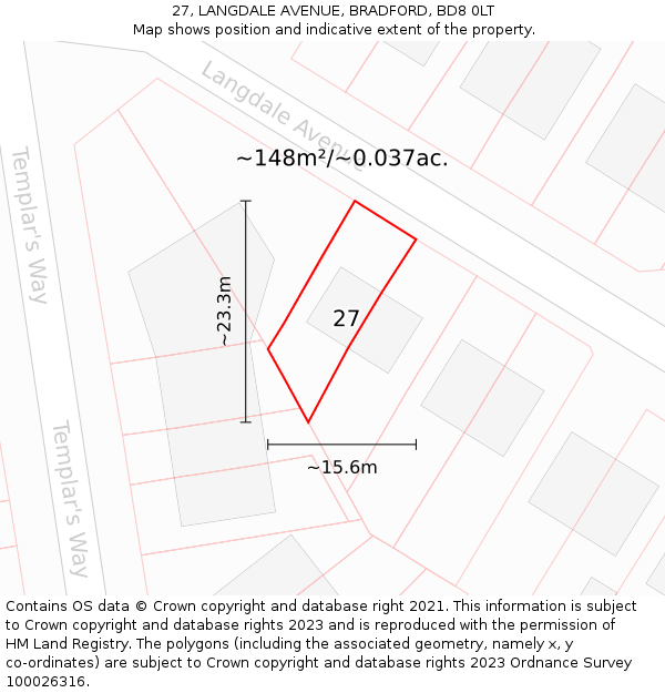27, LANGDALE AVENUE, BRADFORD, BD8 0LT: Plot and title map