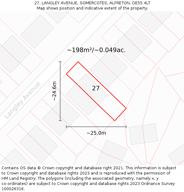 27, LANGLEY AVENUE, SOMERCOTES, ALFRETON, DE55 4LT: Plot and title map