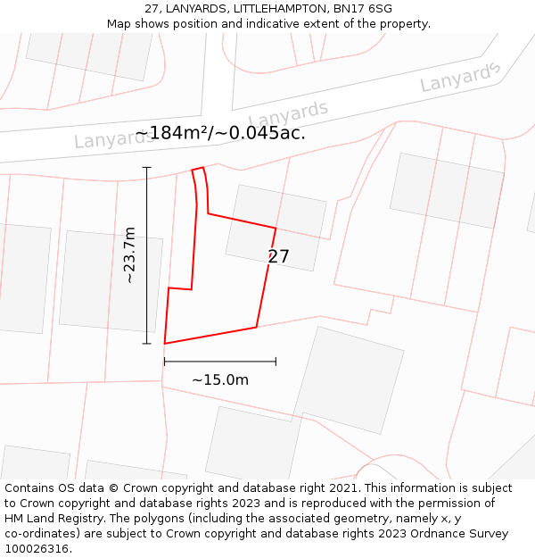 27, LANYARDS, LITTLEHAMPTON, BN17 6SG: Plot and title map