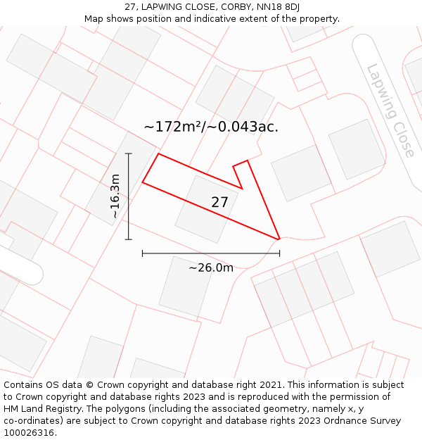 27, LAPWING CLOSE, CORBY, NN18 8DJ: Plot and title map