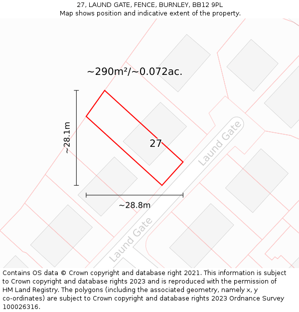 27, LAUND GATE, FENCE, BURNLEY, BB12 9PL: Plot and title map