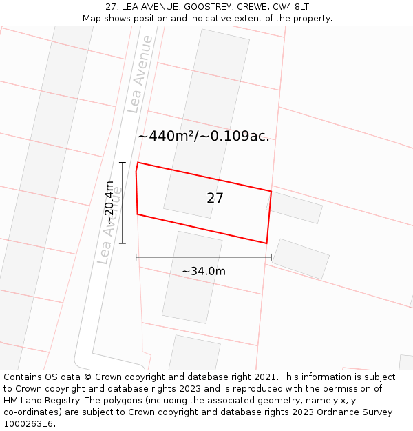 27, LEA AVENUE, GOOSTREY, CREWE, CW4 8LT: Plot and title map