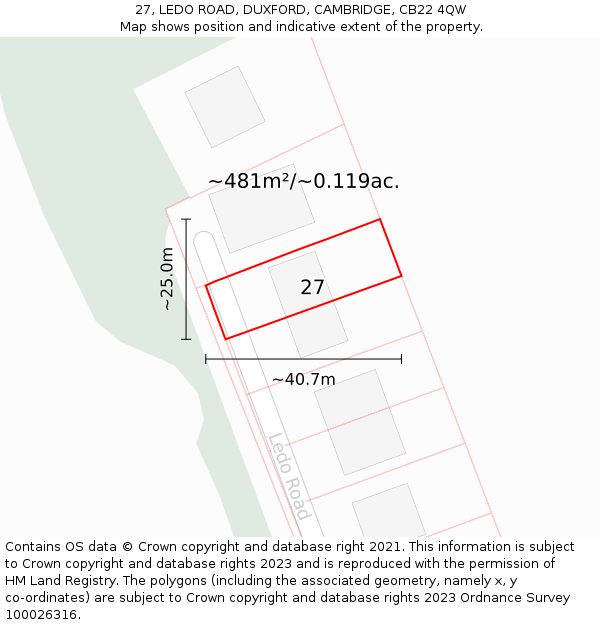 27, LEDO ROAD, DUXFORD, CAMBRIDGE, CB22 4QW: Plot and title map